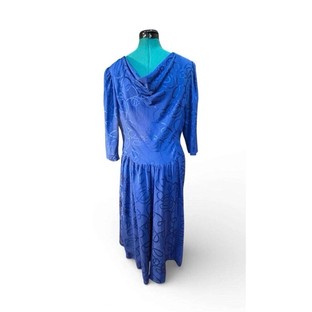1980s Pauline Trigère Cobalt Silk Jacquard Dress 44” Bust Power Shoulders USA - Picture 9 of 10